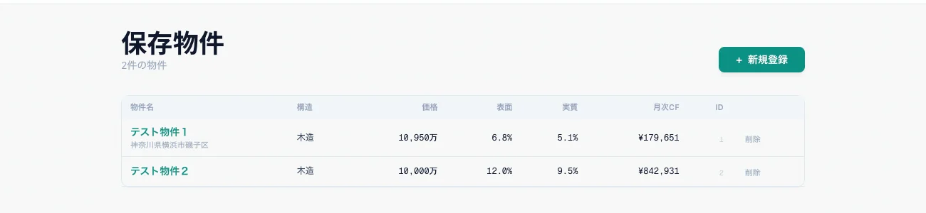 物件一覧 — 保存した物件の一覧と主要指標が表示されます